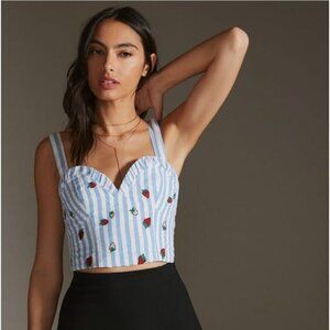 ANTHROPOLOGIE Maeve Striped Strawberry Embroidered Cami Blue White Top